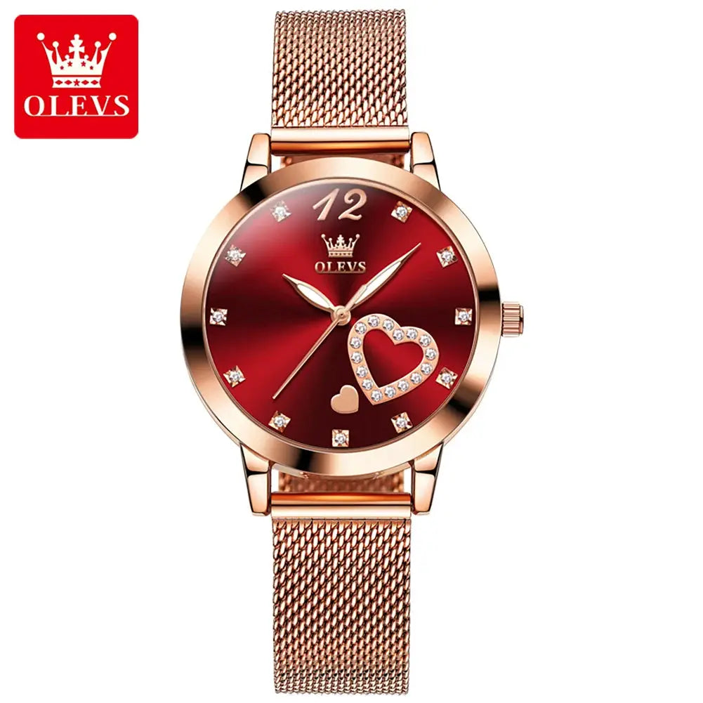 OLEVS women's quartz wristwatch with rose-gold mesh strap and red dial with crystal heart design