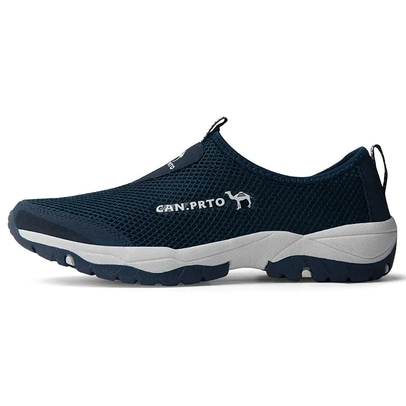 Men's navy mesh breathable slip-on sneakers by Simples Market with CAN.PRTO logo