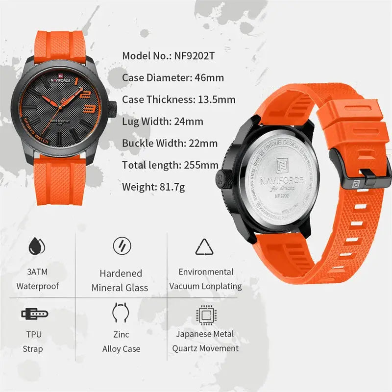NAVIFORCE men's quartz watch with orange silicone strap, black dial, 46mm case and 3ATM waterproof