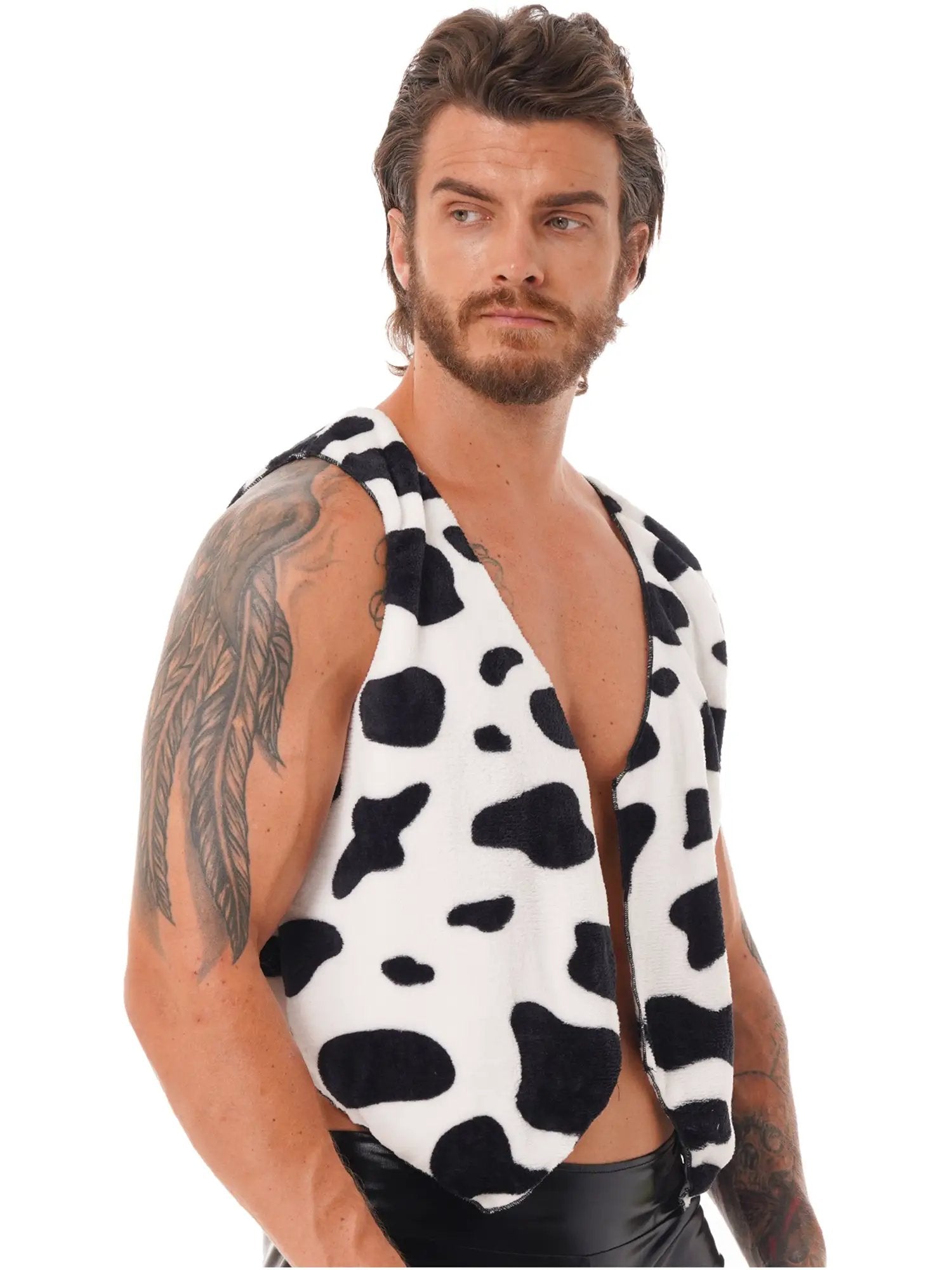 Men's cow-print sleeveless flannel vest, open-front, white with black spots, Simples Market
