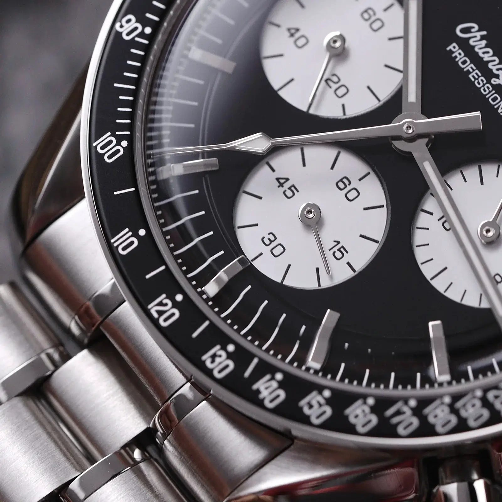 Watchdives WD1863 chronograph watch with stainless steel case and bracelet, black bezel, white subdials, luminous hands