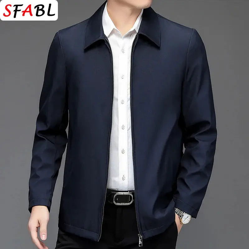 Navy men's casual business jacket with front zipper, SFABL solid color blazer