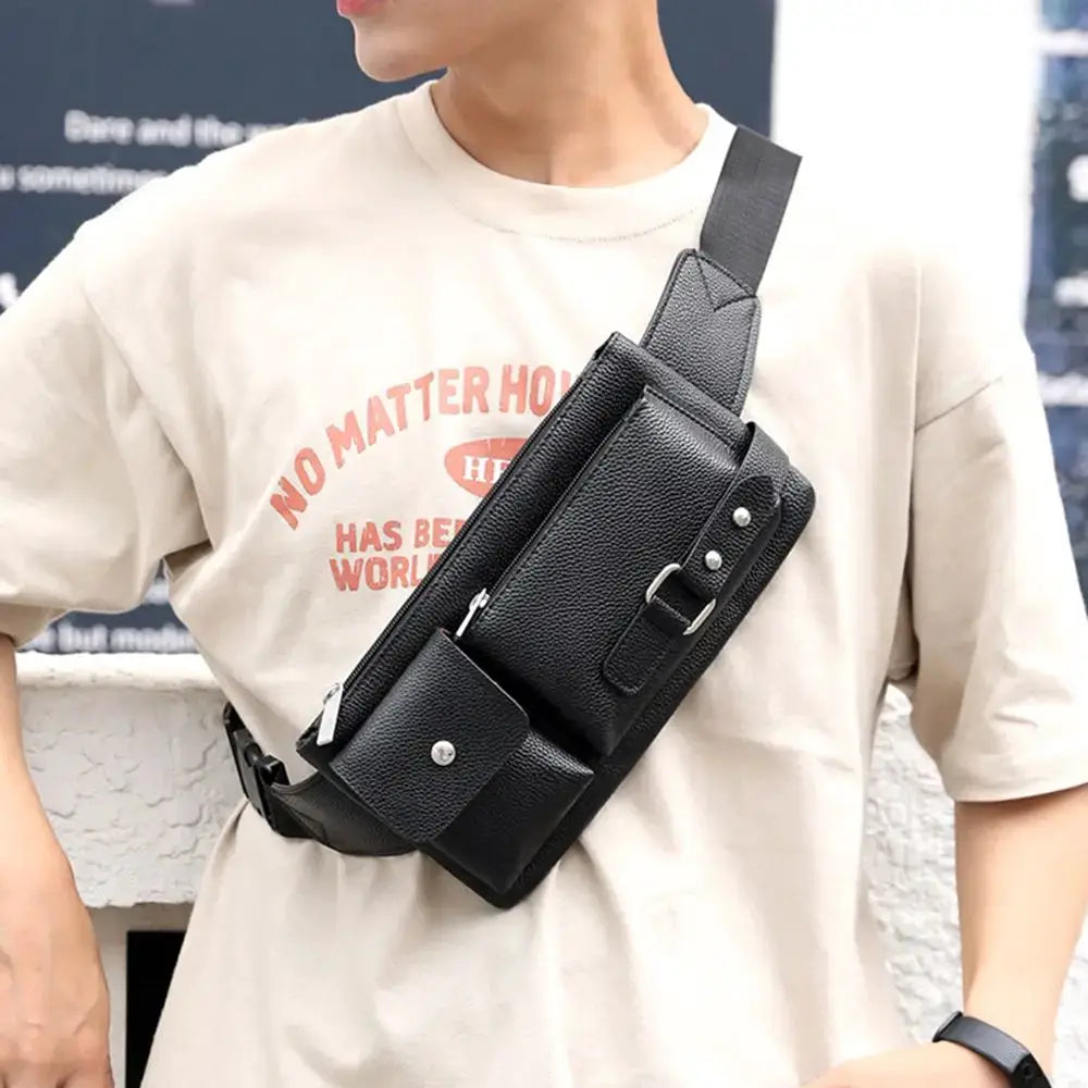 Simples Market leather waist bag fanny pack, black, crossbody with multiple compartments
