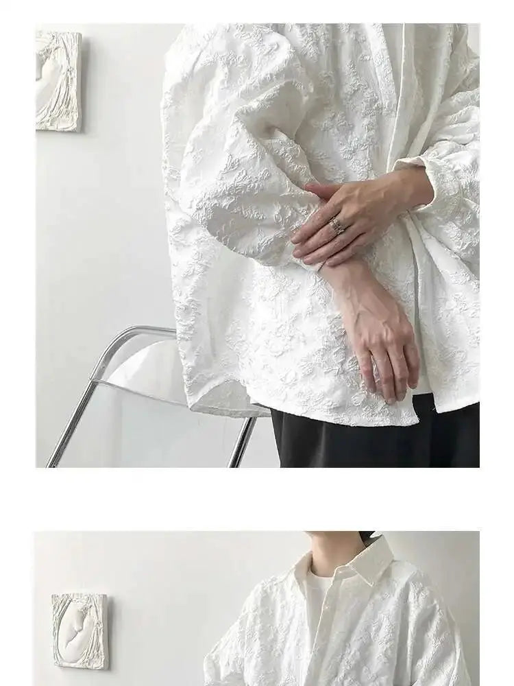 Shirt white jacquard, 2XL, loose fit with bat-wing sleeves and turn-down collar, Simples Market
