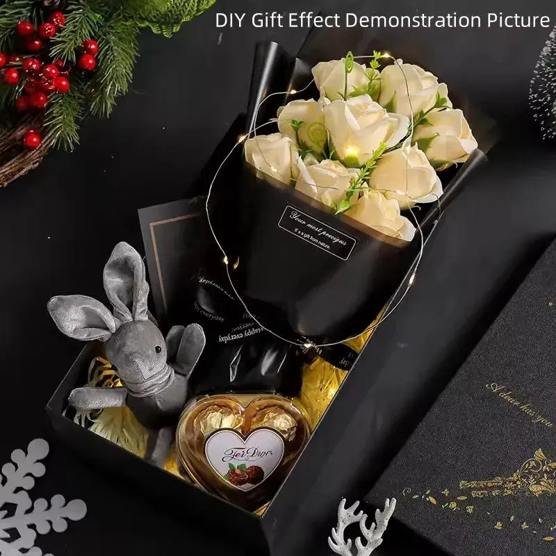 9 Heads Soap Flower Rose Bouquet by Simples Market in a black gift box with cream roses and fairy lights.