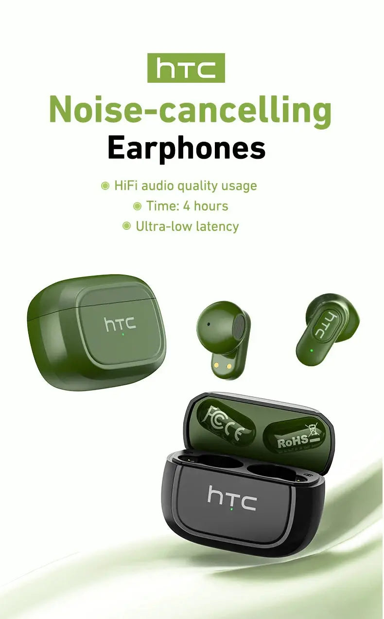 HTC NE51 Bluetooth Earphones with green and black charging case and earbuds, 4 items