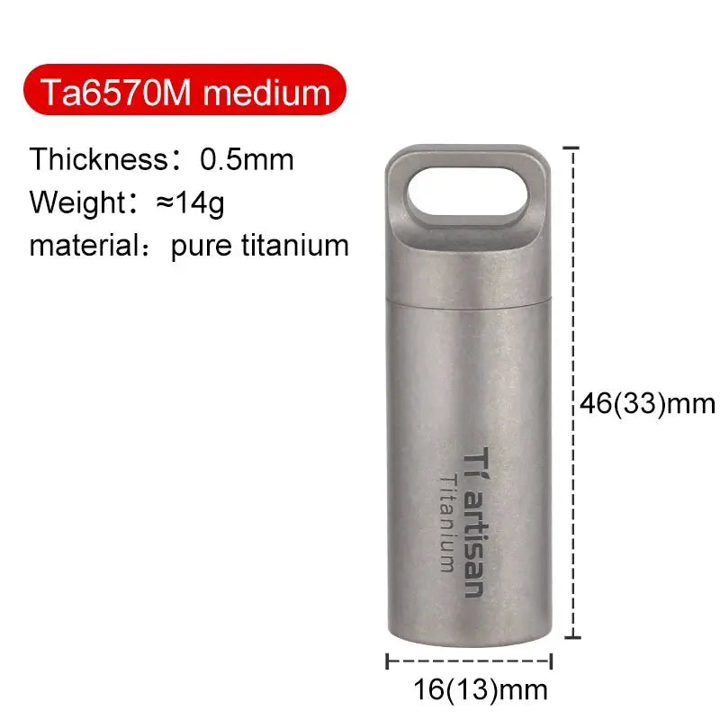 Tiartisan Titanium Mini EDC pill bottle, portable waterproof container, 46mm tall, 16mm dia.