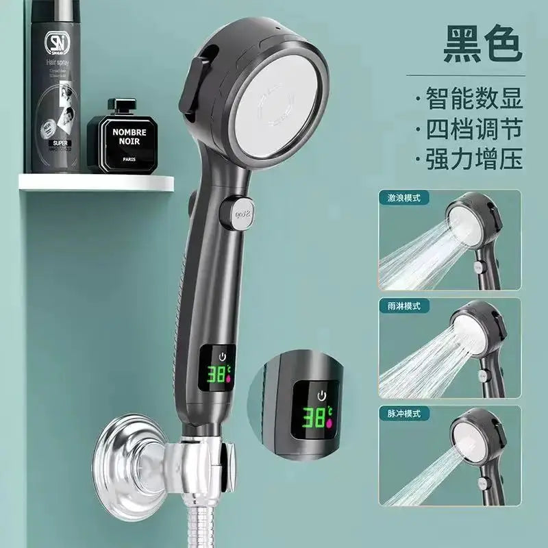 Simples Market black high-pressure handheld shower head with water-saving mode LED temperature display adjustable spray