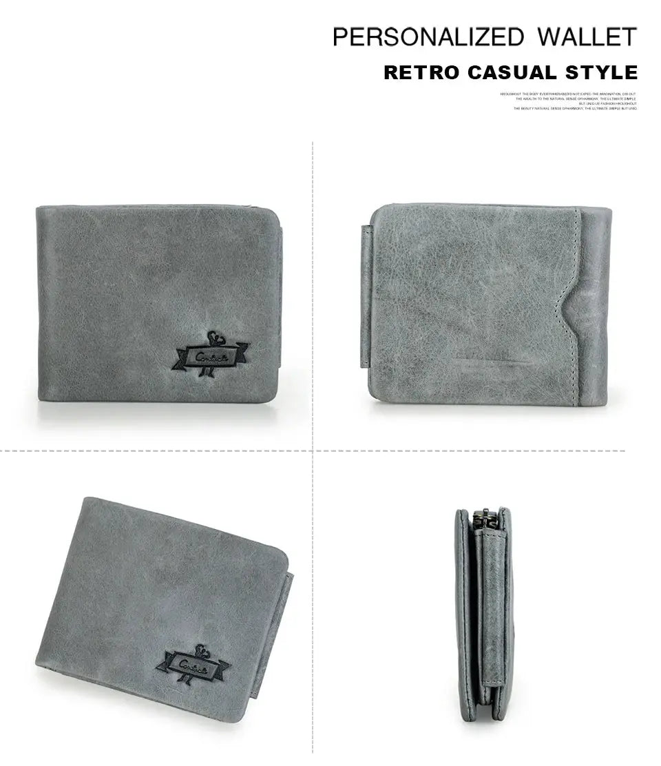 Contact's gray Crazy Horse cowhide leather men's tri-fold wallet with zip coin pocket