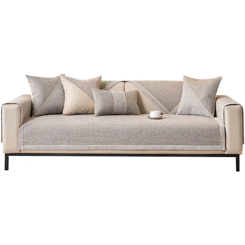 Linen sofa cover set in beige woven fabric with cushions, all-season use