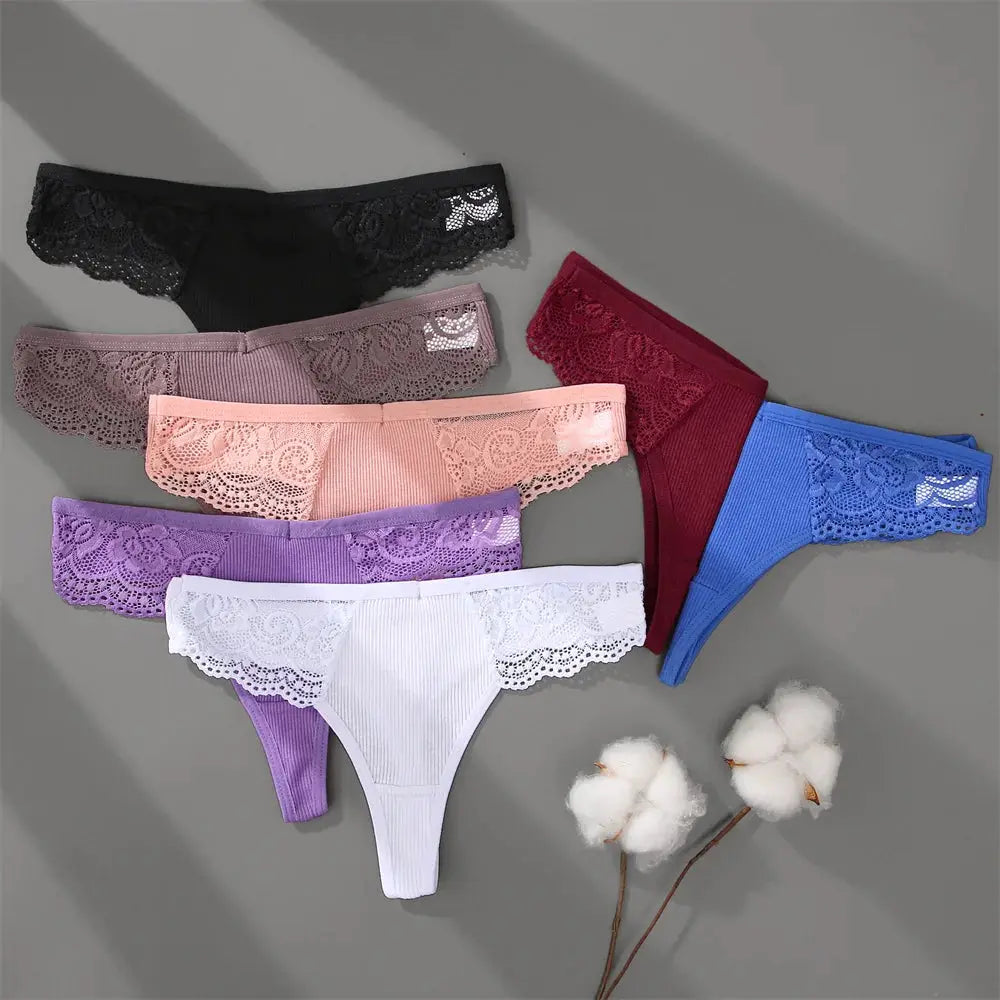 Women’s lace thong underwear set, 7-color cotton panties with floral lace trim by Simples Market
