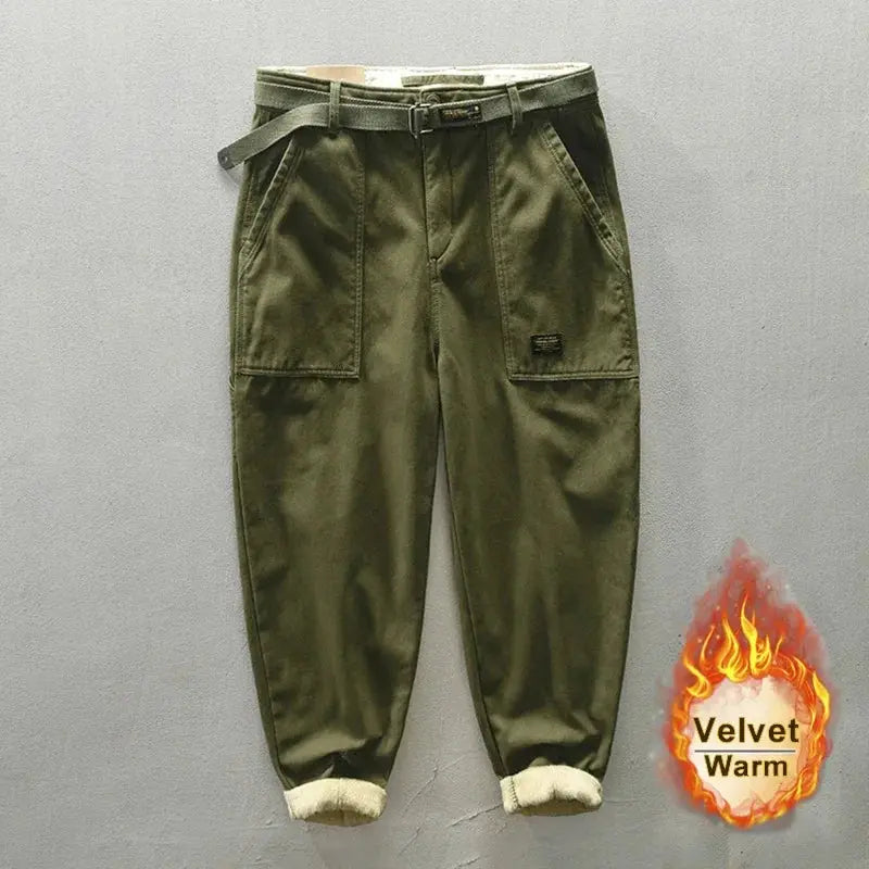 Men's cargo pants by Simples Market: olive green pure cotton, belt, mid-rise, loose fit, cuffed hems.