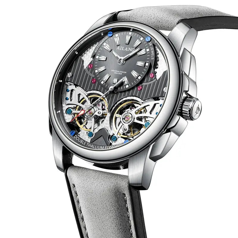 AILANG automatic skeleton watch with double tourbillon, stainless steel case, gray leather strap