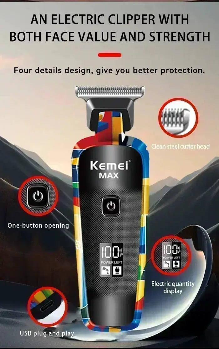 Kemei electric hair clipper with graffiti-pattern body, rechargeable, digital display