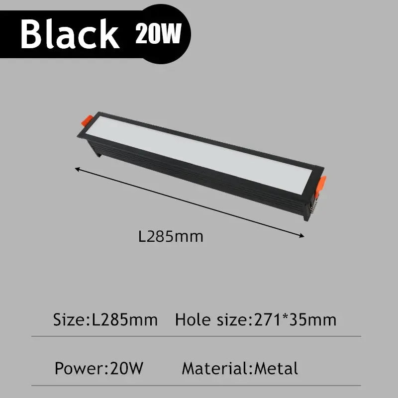 Black rectangular LED recessed downlight; 20W, metal housing, 285mm length for ceiling installation