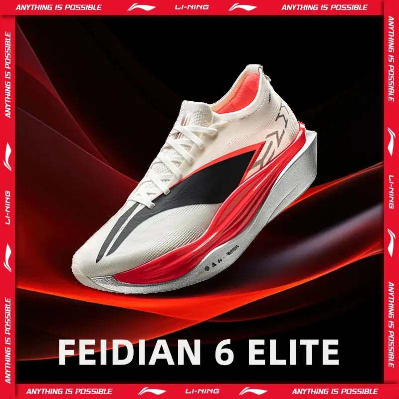 Li-Ning Feidian 6 Elite unisex racing shoe, white with red/black accents, carbon plate