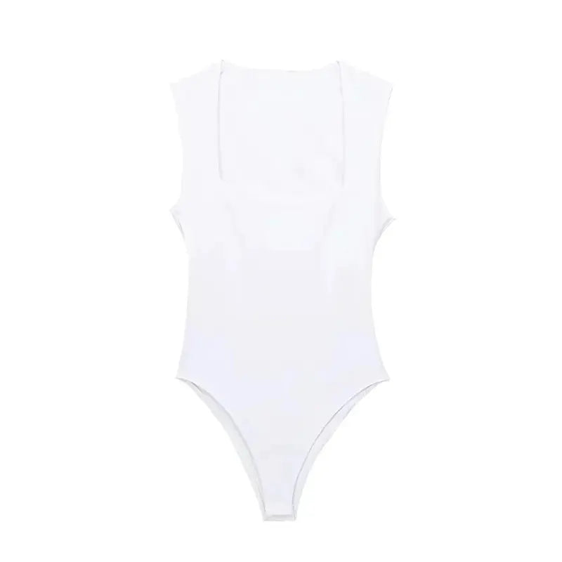 Mujer Black Square Neck Sleeveless Bodysuit Slim Fit Bodycon Lingerie Top For Summer