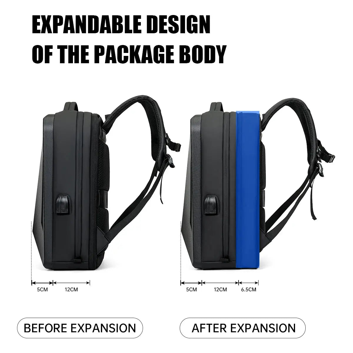 Backpack expandable hard-shell laptop bag, black, large capacity; two backpacks shown.