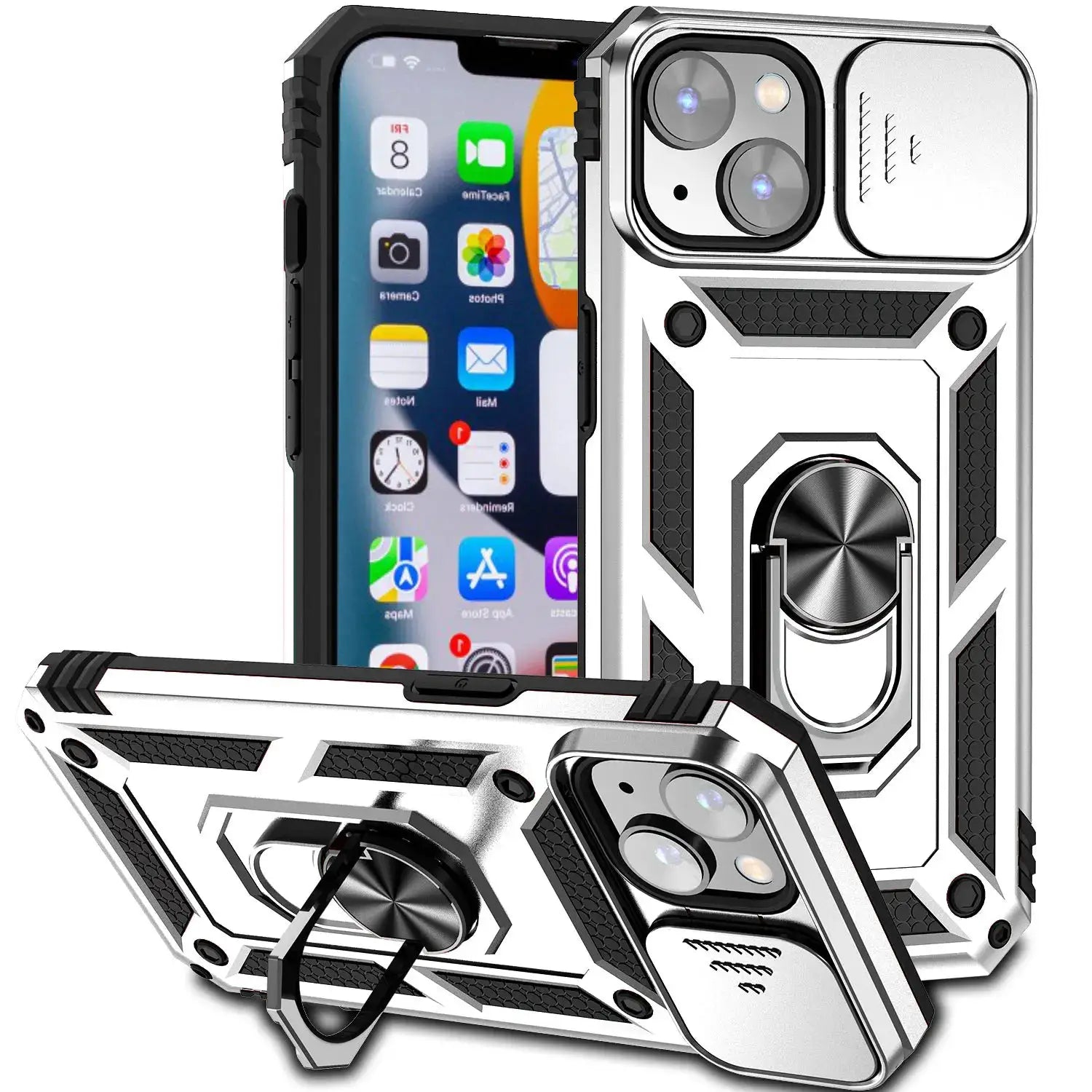 Armor shockproof magnetic ring stand case for iPhone 12–15 models; white/silver rugged back, Simples Market