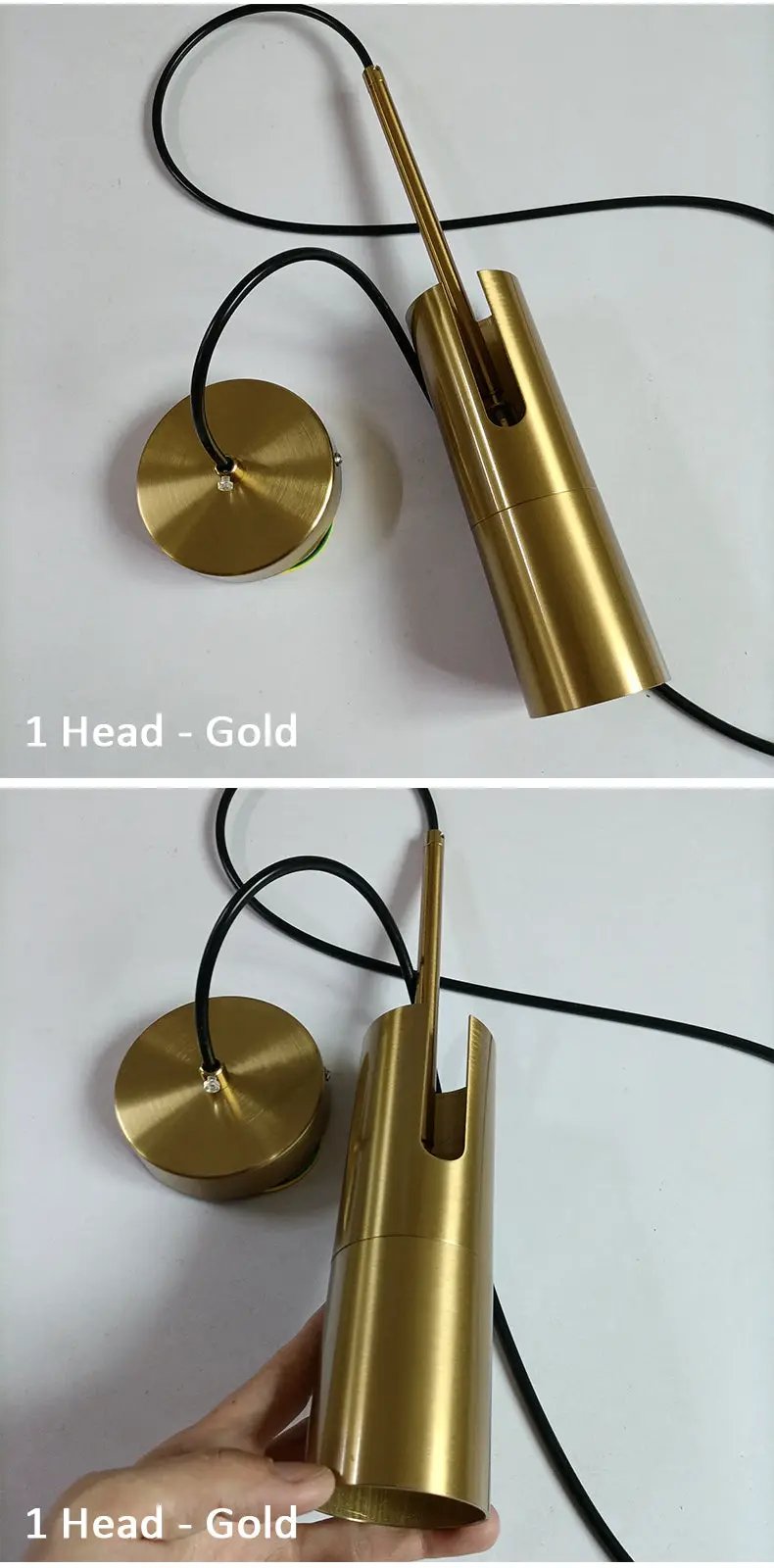 Minimalist LED hanging pendant light in gold by Simples Market for bedroom and dining room.