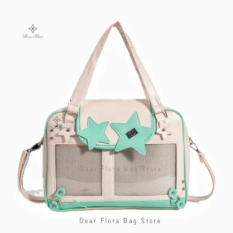 Y2K star ita bag from Dear Flora Bag Store, beige with mint star accents, mesh front pockets, crossbody strap