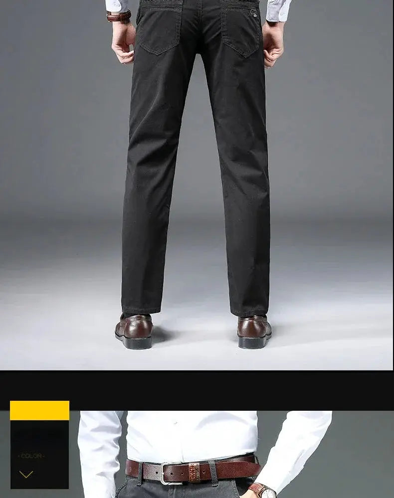 Men's black straight pants by Simples Market, 97% cotton, business casual work trousers with back pockets.