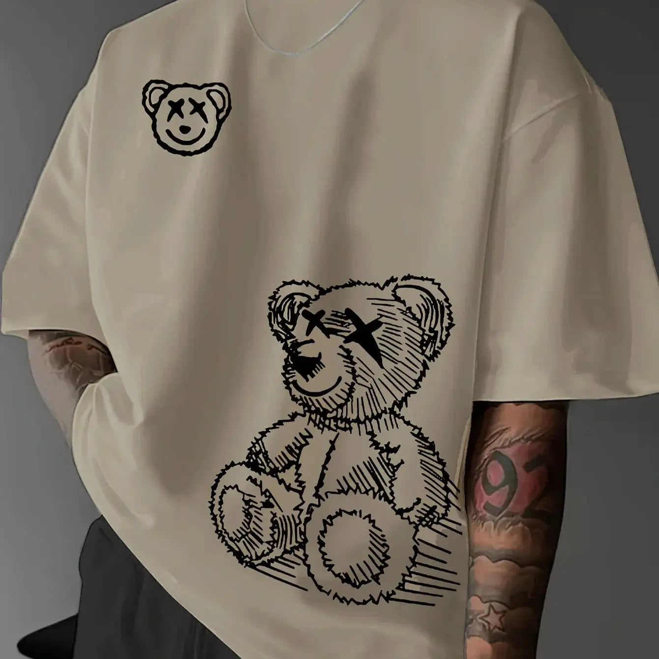 Summer Men's 100 Percent Pure Cotton Casual T Shirt With Cartoon Bear Pattern Round Neck Short Sleeve