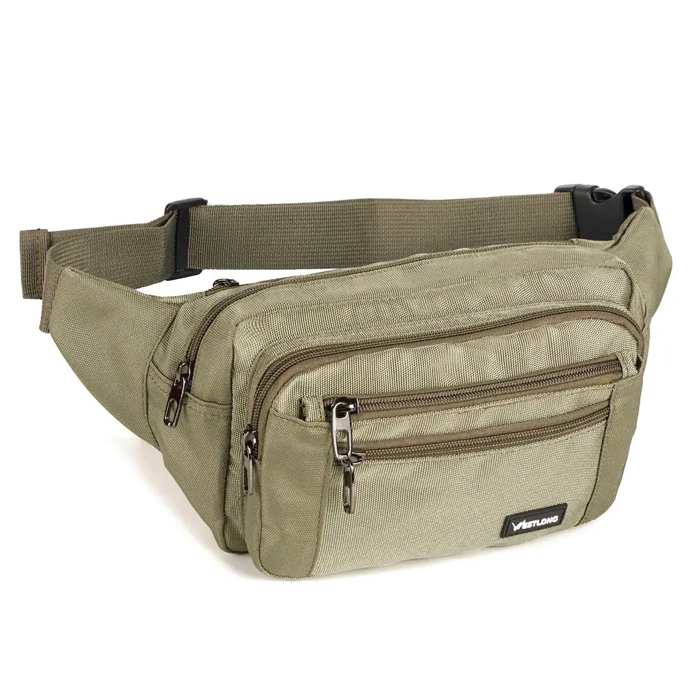 Simples Market waist pack; olive green waterproof fanny pack with multiple zip pockets and adjustable strap.