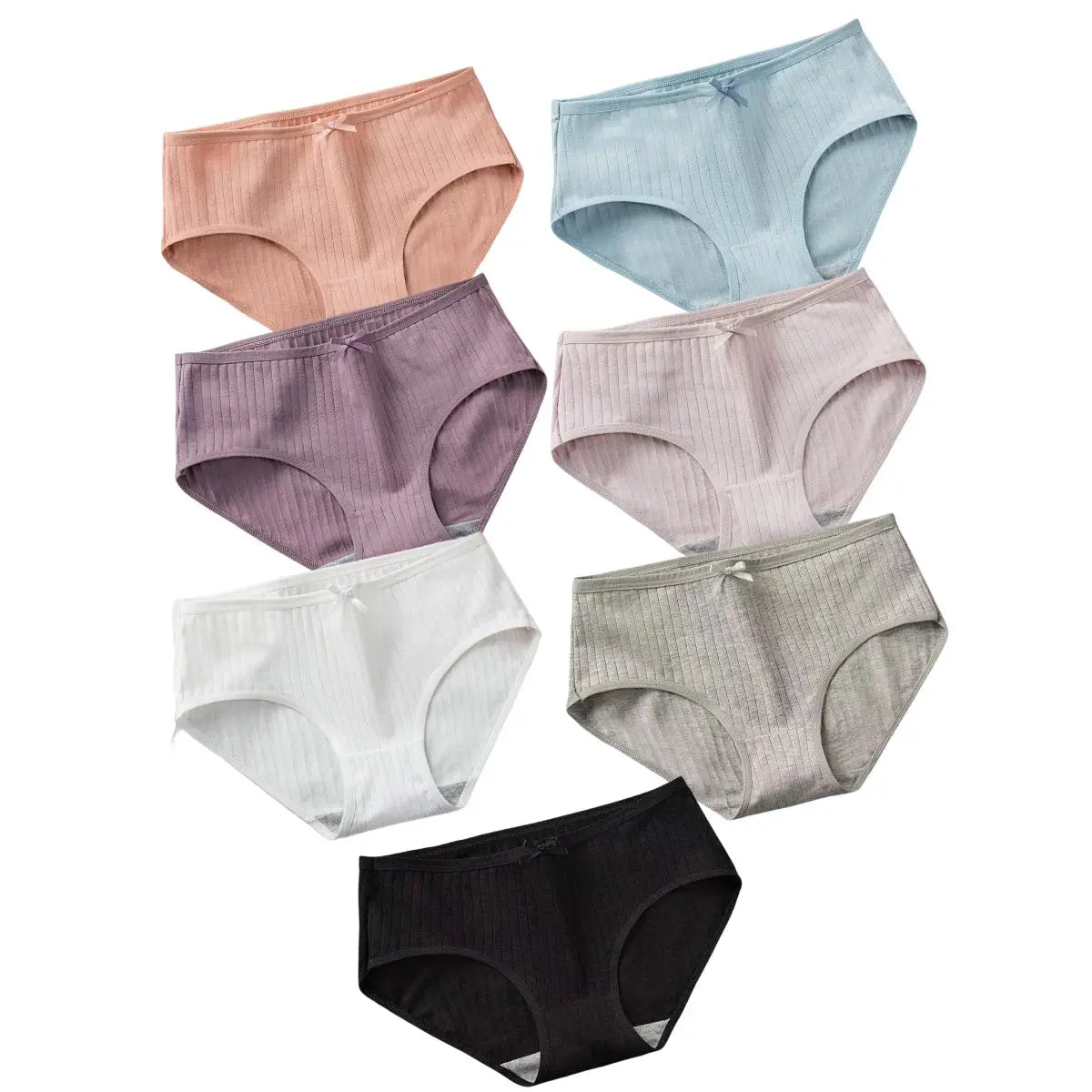 Women cotton ribbed mid-rise panties 7-piece set with bow detail in assorted colors