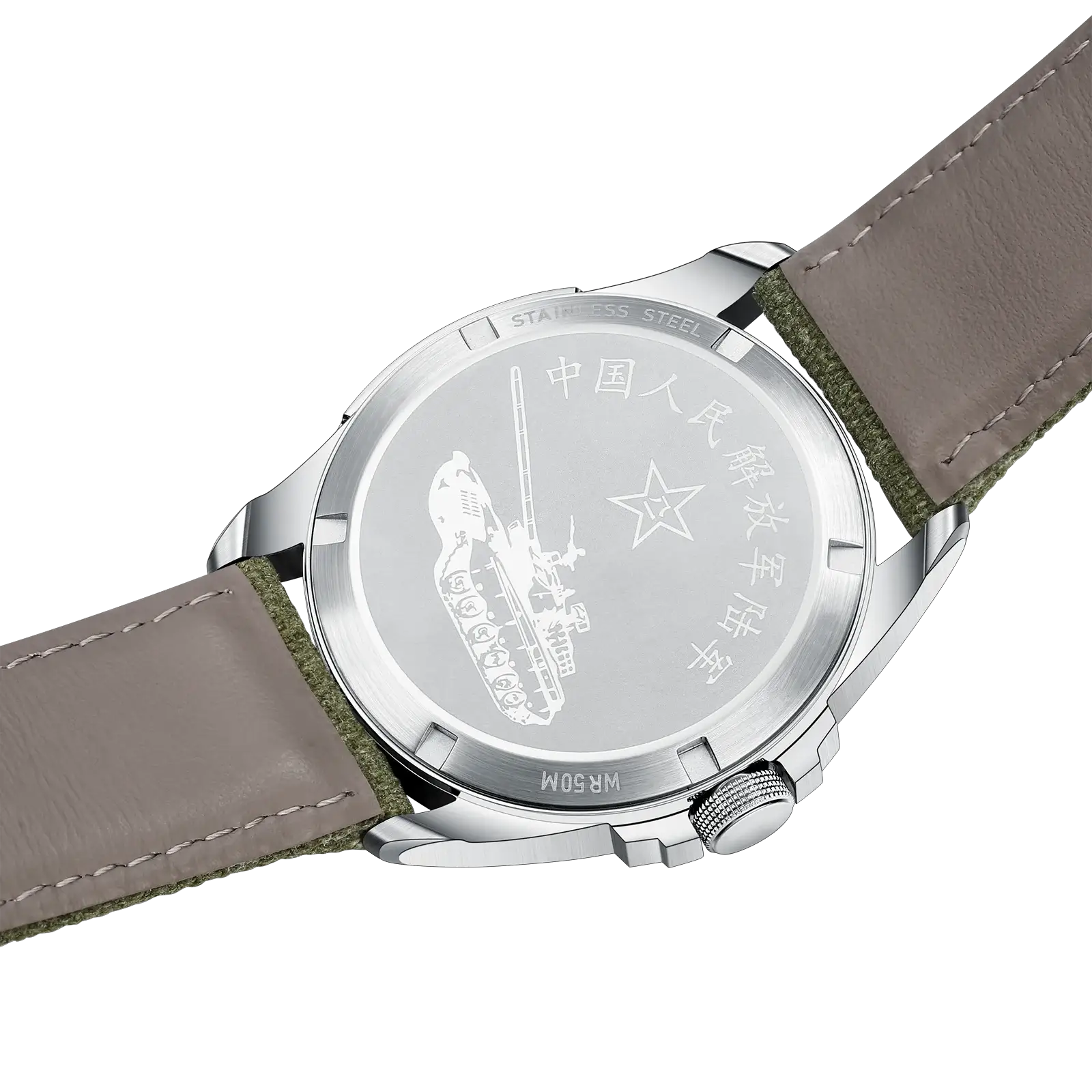 Seagull luxury military men's automatic watch with tan leather strap and stainless steel case back