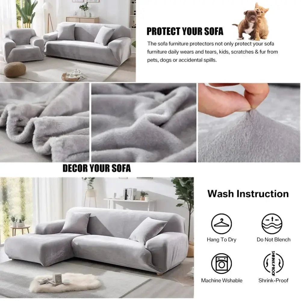 Stretch velvet sofa cover by Simples Market for 1–4 seat couches, light gray with non-slip elastic bottom.
