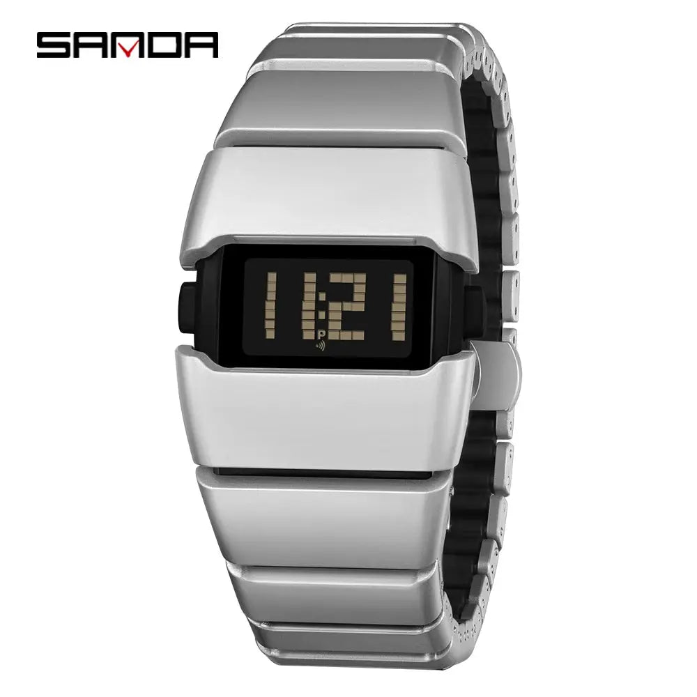SANDA 9504 retro digital watch with rectangular display and chunky silver metal bracelet, SAMDA logo visible