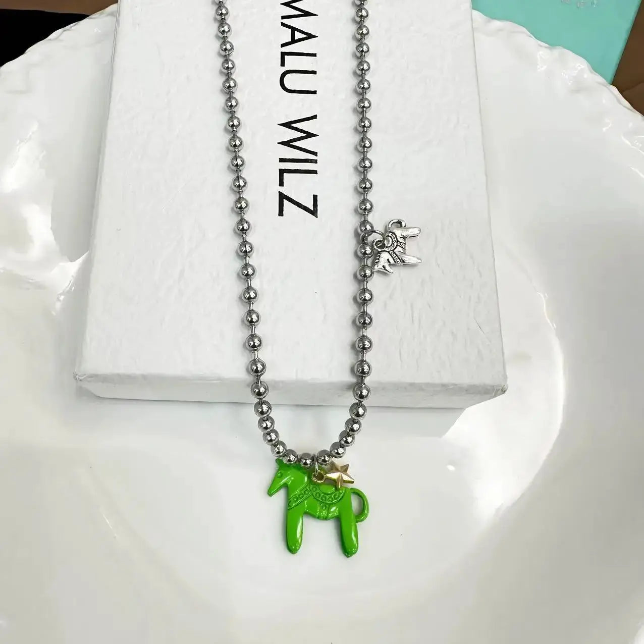 LATS Enamel Colt Horse Pendant Necklace For Women Colorful Silver Plated Alloy Beads Chain Choker