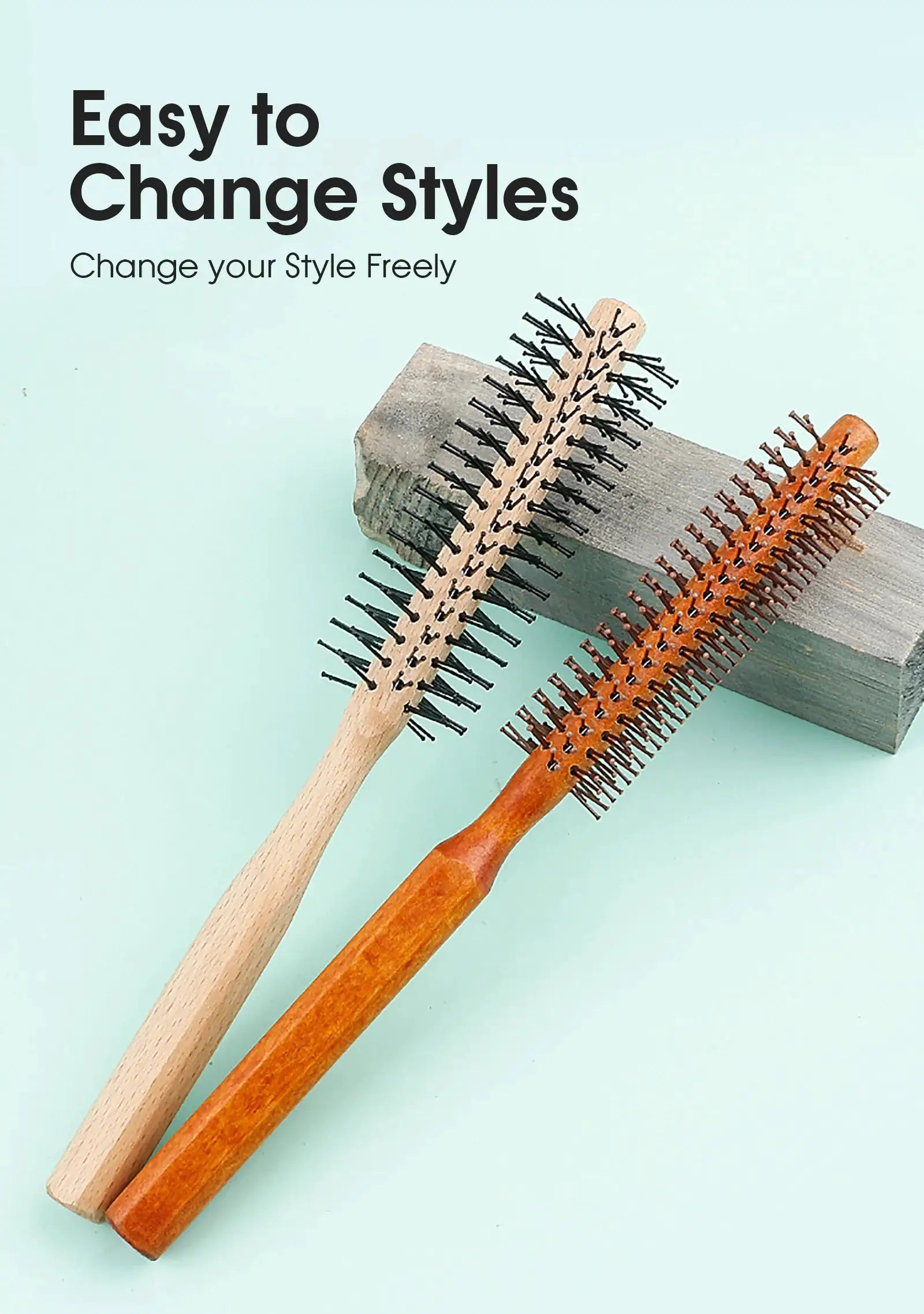Wooden-handle nylon-teeth roller brush set by Simples Market; two curved brushes in natural and brown wood tones