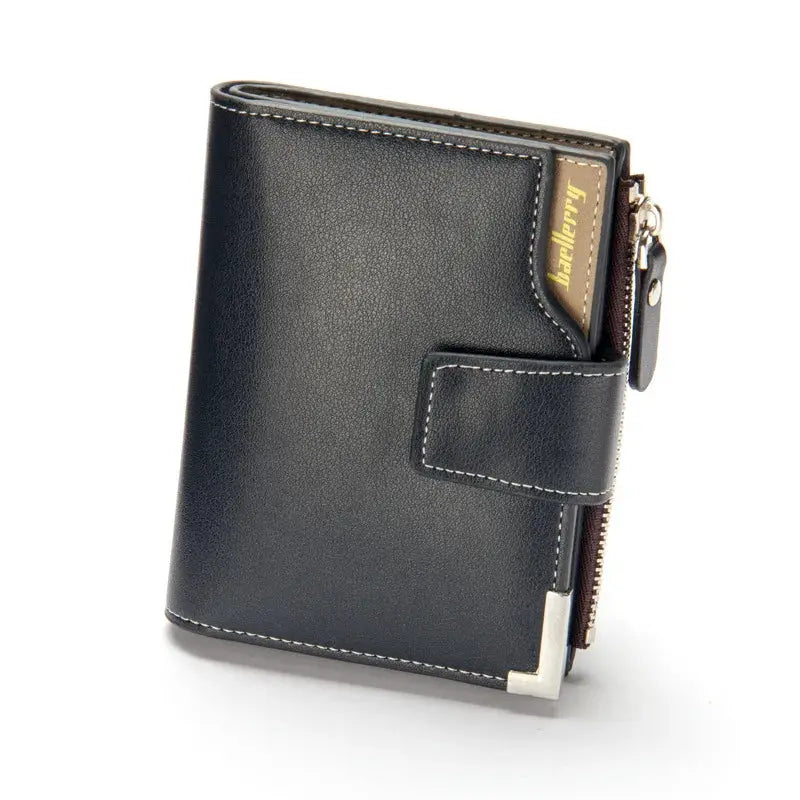 Baellerry black leather short men's wallet with zipper coin pocket, white stitching and card slots
