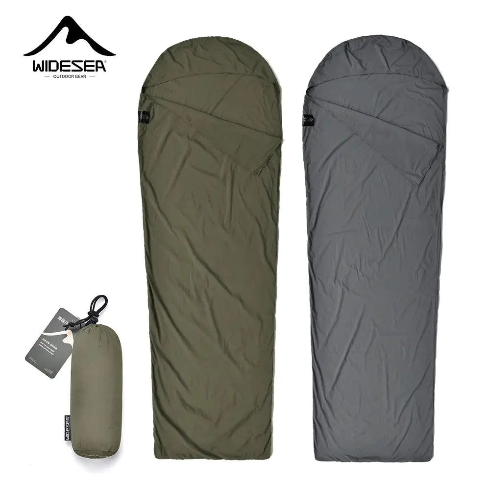 Outdoor ultralight mummy sleeping bag liner, Simples Market, olive green/gray, with carry pouch (two shown)