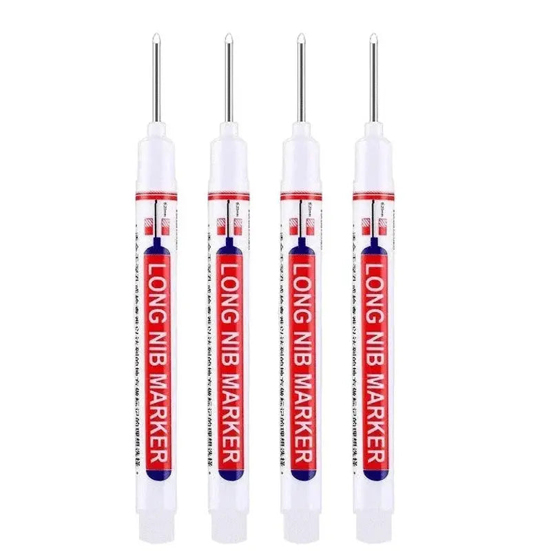 Simples Market 4-pack long-nib markers, white bodies with red label reading LONG NIB MARKER for metal perforating pens