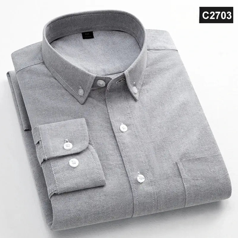 Men's light gray 100% cotton long-sleeve Oxford shirt, button-down, folded for display