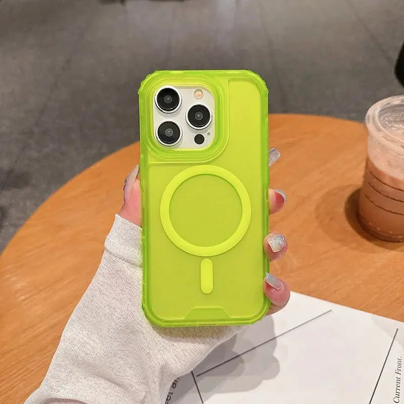 3 in 1 Magnetic Heavy Duty Armor Case for MagSafe iPhone in bright lime green with ring grip