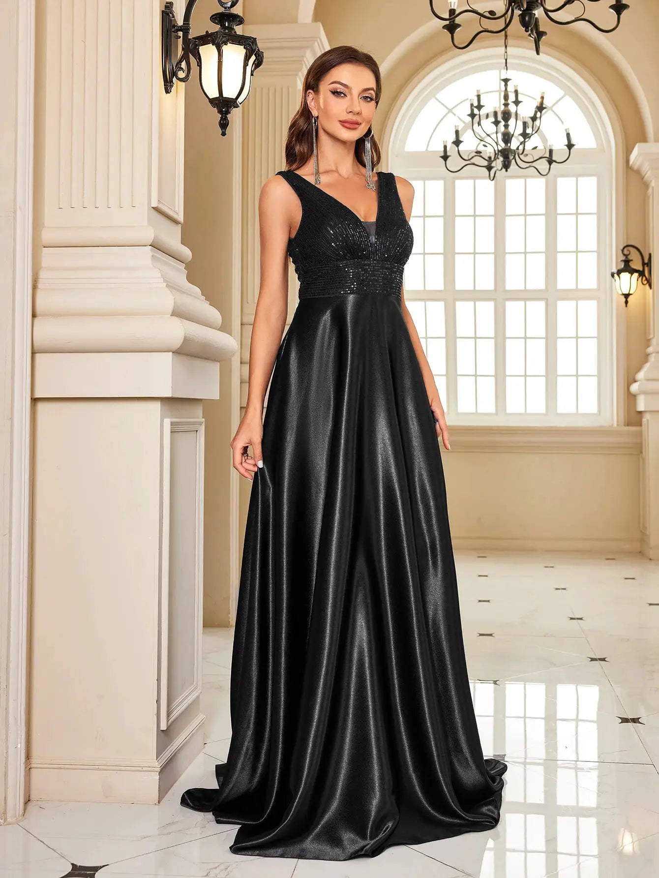 Emerald Green Sequin Evening Dress V Neck Satin Prom Floor Length