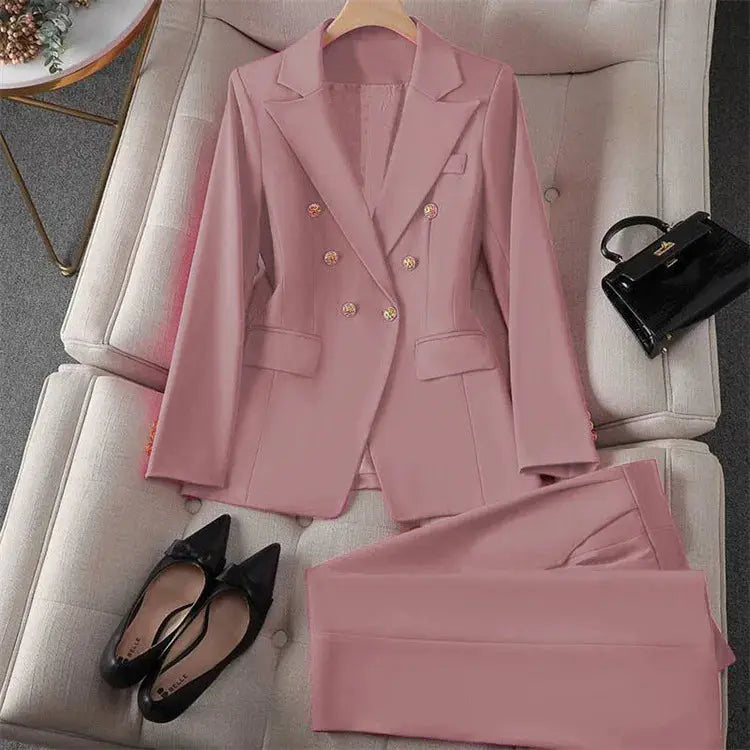 Pink two-piece blazer and trouser suit for women, Simples Market, double-breasted with gold buttons