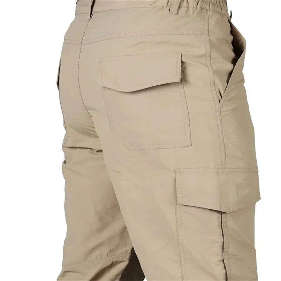 Simples Market men's beige tactical cargo pants with back patch pocket and side cargo pocket