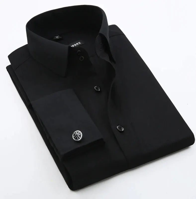 Simples Market men's black dress shirt with French cuffs; slim-fit solid color long sleeve