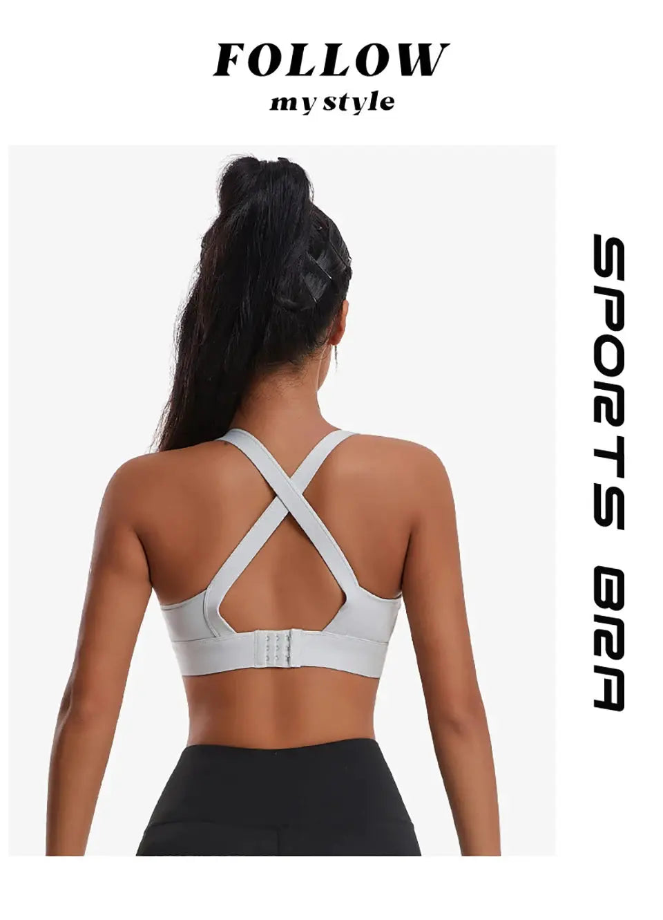 Women's high-impact padded sports bra with criss-cross back in light gray; back-hook closure for workouts and yoga.