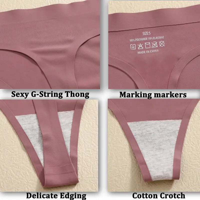 Simples Market ice silk seamless G-string thong, pink solid color, low-waist T-back with cotton crotch