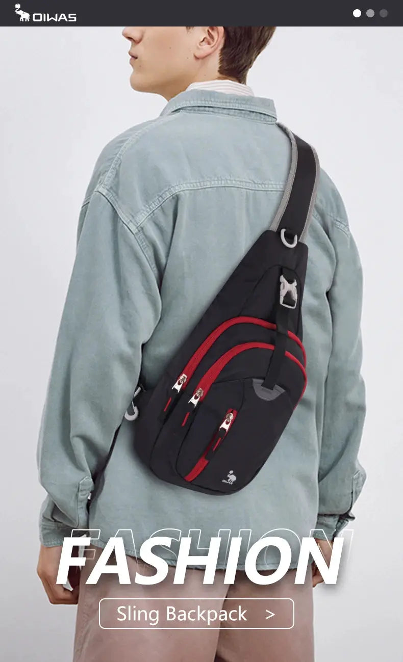 OIWAS crossbody sling bag for men in black with red zipper pockets