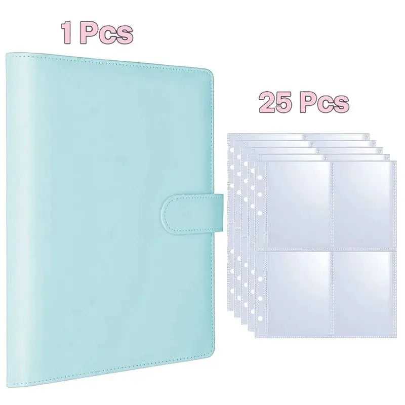 A5 PU leather photo binder in turquoise with 25 clear sleeves (4-grid pages)
