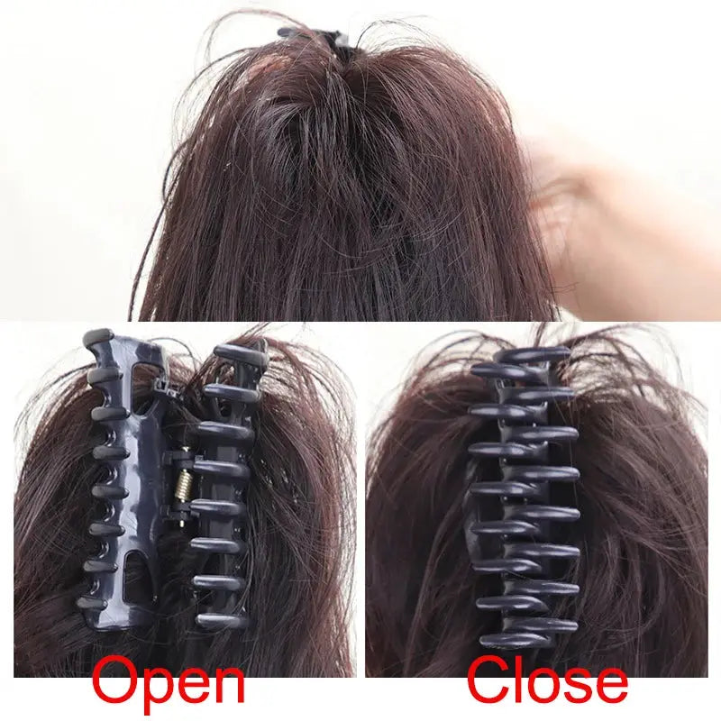 Simples Market synthetic 12-inch ponytail claw clip for women; black/brown hair extensions, open and closed views.