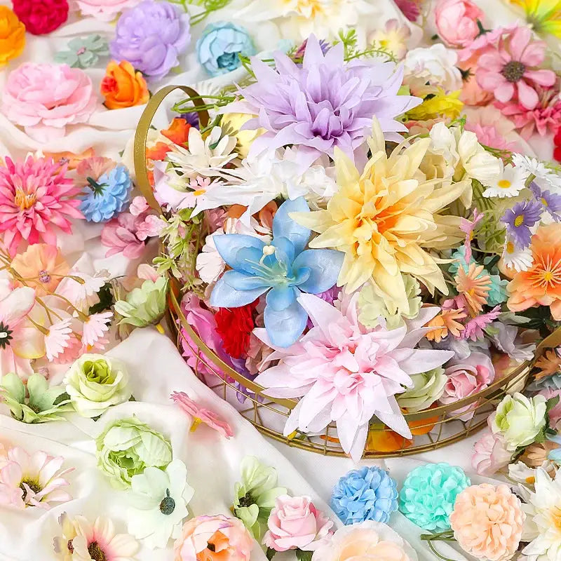 Silk artificial flower assortment in a gold basket, 20/50pcs mix for home decor and weddings