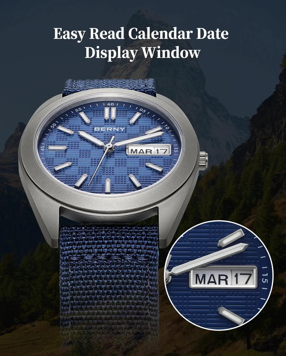 BERNY titanium men’s wristwatch with blue textured dial, date window, and blue fabric strap.